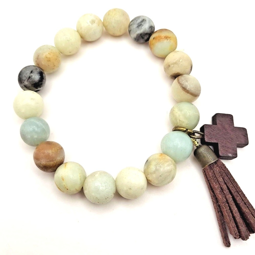 Natural Amazonite‎ Beaded Stretch Bracelet Leather Tassel Wood Cross Charm